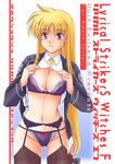  akusyu_0.5_second blonde_hair bra breasts cleavage cum cum_on_body cum_on_breasts cum_on_upper_body fate_testarossa garter_belt large_breasts lingerie lyrical_nanoha mahou_shoujo_lyrical_nanoha_strikers no_pants open_clothes open_shirt panties red_eyes shirt solo thighhighs underwear 