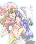  bandana blue_eyes blue_hair blush breasts brown_hair gloves groping haruka_(pokemon) hat heart hikari_(pokemon) long_hair medium_breasts multiple_girls natsu315 pokemon short_hair underboob yuri 