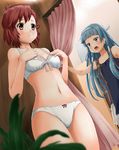  aoba_tsugumi bangs blue_eyes blue_hair blunt_bangs bra fujioka_toki hairband highres kannagi lingerie long_hair midriff multiple_girls nagi panties purple_eyes red_eyes red_hair short_hair underwear underwear_only 