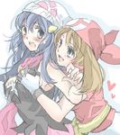  bandana blue_eyes blue_hair blush breast_grab breasts brown_hair gloves grabbing groping haruka_(pokemon) hat heart hikari_(pokemon) long_hair lowres multiple_girls natsu315 pokemon short_hair small_breasts yuri 