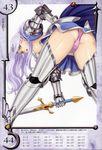  annelotte armor armored_dress ass bent_over blue_eyes breasts eiwa frilled_panties frills hand_on_hip highres large_breasts long_hair looking_back open_mouth panties purple_hair purple_panties queen's_blade queen's_blade_rebellion sideboob skirt solo spread_legs sword thighhighs tiara underwear weapon 