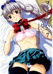  aqua_skirt bdsm bed bondage bound bow bowtie bra braid collar cover cover_page doujin_cover embarrassed from_above full_metal_panic! grey_hair haruhonya jindai_high_school_uniform jpeg_artifacts leash lingerie long_hair lying navel on_back panties parted_lips pink_bra pleated_skirt red_bow school_uniform shirt_lift single_braid skirt solo teletha_testarossa thighhighs underwear 