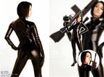  1024x768 asian black_hair brown_eyes female girl gloves gun latex latex_suit leather photo real rifle seiyuu shiny shiny_clothes skin_tight tanaka_rie weapon women 