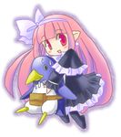  black_capelet capelet chibi demon_girl disgaea dress karina lowres mage_(disgaea) pink_eyes pink_hair pointy_ears prinny solo 