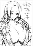  boa_hancock bobobo breasts cleavage greyscale huge_breasts monochrome one_piece sketch solo translation_request upper_body white_background 