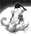  amatsuka_tsurara baby_princess bed_sheet blush bow flat_chest greyscale hair_ribbon long_hair lying marumi midriff monochrome on_back panties ribbon sheet_grab solo thighhighs twintails underwear 