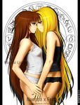  black_panties blonde_hair brown_hair fate_testarossa illusionk lingerie lyrical_nanoha mahou_shoujo_lyrical_nanoha multiple_girls panties purple_eyes red_eyes takamachi_nanoha underwear yuri 