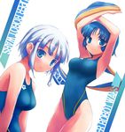  armpits arms_up blue_eyes blue_hair braid competition_swimsuit kusuha_mizuha multiple_girls nanakusa non-web_source one-piece_swimsuit seolla_schweizer short_hair super_robot_wars swimsuit third-party_edit 