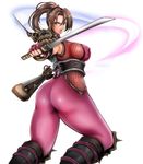  1girl ass bodysuit breasts brown_hair covered_nipples large_breasts long_hair ninja pink_bodysuit ponytail solo soulcalibur soulcalibur_iv sword taki_(soulcalibur) weapon 