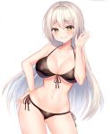  1girl bare_arms bare_shoulders bikini black_bikini blush breasts cleavage collarbone contrapposto cowboy_shot fate/grand_order fate_(series) front-tie_bikini front-tie_top gluteal_fold grin groin hair_between_eyes hair_intakes halter_top halterneck hand_on_hip hand_up highres hinaki_(hinaki_0102) jeanne_d&#039;arc_(alter_swimsuit_berserker) jeanne_d&#039;arc_(fate)_(all) large_breasts legs_apart long_hair looking_at_viewer navel side-tie_bikini silver_hair simple_background smile solo standing stomach swimsuit teeth thighs very_long_hair white_background yellow_eyes 