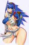  armor blue_eyes blue_hair breasts cleavage kikuta loincloth medium_breasts monster_hunter nargacuga_(armor) solo 
