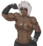  animal_ears breasts copyright_request dark_skin gloves heterochromia large_breasts muscle muscular_female nipples short_hair solo topless white_hair zangi 