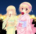  alice_margatroid alternate_costume bad_id bad_pixiv_id blonde_hair blush brown_eyes candy_apple eating flower food hair_ornament hairband ikayaki japanese_clothes kimono kirisame_marisa long_hair mizuse_ruka multiple_girls obi red_flower red_rose ribbon rose sash short_hair star star_hair_ornament touhou 