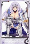  annelotte armor armored_dress blue_eyes breasts cleavage eiwa elbow_gloves gloves highres large_breasts long_hair navel panties purple_hair purple_panties queen's_blade queen's_blade_rebellion shield smile solo sword thighhighs tiara underwear weapon 