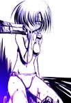  bra collarbone hatchet higurashi_no_naku_koro_ni holding looking_at_viewer midriff monochrome navel oriental_hatchet panties ryuuguu_rena short_hair simple_background sitting solo stomach underwear underwear_only white_background yuku_(kiollion) 