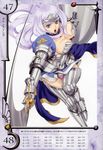 annelotte armor armored_dress blue_eyes breasts cape cleavage eiwa elbow_gloves gloves highres large_breasts long_hair navel open_mouth panties purple_hair purple_panties queen's_blade queen's_blade_rebellion shield sword thighhighs tiara underwear weapon 