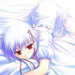  bed_sheet blue_hair hair_ribbon morimiya_aono pajamas red_eyes ribbon ribbon-trimmed_clothes ribbon-trimmed_sleeves ribbon_trim short_sleeves sola solo white_hair yuku_(kiollion) 