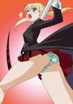  ass blonde_hair blush green_eyes maka_albarn okiyumi_kase panties pantyshot scythe skirt solo soul_eater striped striped_panties underwear 