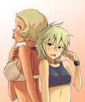  back-to-back blonde_hair bowieknife bra breasts choker collar dark_skin disney hyakko large_breasts lingerie makunouchi_ushio mickey_mouse multiple_girls ooba_minato open_mouth short_hair sports_bra underwear wristband 