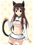  animal_ears breasts brown_eyes brown_hair cat_ears cat_tail cleavage collar detached_sleeves long_hair medium_breasts midriff original skirt solo tail thighhighs yuugiri 