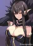  1girl artist_name bangs bare_shoulders black_dress black_hair breasts bridal_gauntlets cleavage closed_mouth detached_sleeves dress fate/apocrypha fate_(series) fur_trim hair_between_eyes hand_in_hair highres large_breasts long_hair looking_at_viewer pointy_ears semiramis_(fate) sidelocks solo very_long_hair yellow_eyes zeroshiki_kouichi 