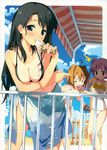  absurdres bare_legs bikini black_hair blue_eyes blue_sarong blush blush_stickers breasts brown_hair cleavage cloud day eating food frame hair_ornament hairpin highres ice_cream kantoku long_hair medium_breasts messy miyaguchi_hiromi miyaguchi_kanna miyaguchi_kei multiple_girls one-piece_swimsuit one-piece_tan orange_hair original pink_hair purple_eyes red_eyes sarong see-through sexually_suggestive short_hair side_ponytail sky swimsuit tan tankini tanline twintails 