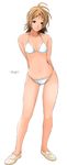  arms_behind_back bikini blue_eyes brown_hair full_body highres midriff navel original ryouzou shoes short_hair simple_background smile solo standing swimsuit 
