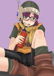  bottle chrono_trigger drink glasses green_eyes helmet lucca_ashtear nullhachi purple_hair saliva see-through short_hair solo sweat 