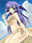  barefoot beach bikini blush breasts day food front-tie_top ginga_nakajima green_eyes hair_ribbon kichiroku kneeling long_hair lyrical_nanoha mahou_shoujo_lyrical_nanoha_strikers medium_breasts outdoors polka_dot polka_dot_bikini polka_dot_swimsuit popsicle purple_hair ribbon sand side-tie_bikini solo swimsuit 