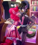  2018 amber_eyes anthro bat_pony bat_wings blush candy candy_store clothing dress equine fan_character food friendship_is_magic horse kissing mammal membranous_wings my_little_pony pinkie_pie_(mlp) pony romuald_nocturne_(oc) slit_pupils taneysha uniform wings 