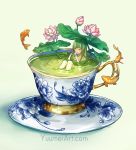  1girl bangs bathing blunt_bangs commentary cup english_commentary eyes_closed flower flying_fish green_hair green_tea in_container in_cup koi lily_pad long_hair lotus minigirl original partially_submerged porcelain saucer solo tea teacup watermark web_address wenqing_yan white_background 