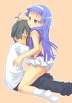  1girl ass bad_id bad_pixiv_id bangs blue_hair blunt_bangs blush hair_ribbon hug kannagi kiritomo_koroha mikuriya_jin nagi panties petting pleated_skirt purple_eyes ribbon skirt socks underwear white_panties white_skirt 