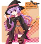  artist_request brown_dress coat dress halloween hanyuu hat higurashi_no_naku_koro_ni horns long_hair orange_background purple_eyes purple_hair skirt socks solo thighhighs trick_or_treat wand witch witch_hat 