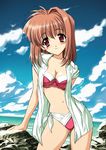  bikini blush cloud day kawai_rie lovers ocean outdoors red_eyes rock sky solo swimsuit toma_(asagayatei) 