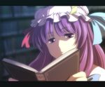  490 anime_coloring blurry book depth_of_field face hat jitome letterboxed long_hair patchouli_knowledge purple_eyes purple_hair reading ribbon solo touhou 