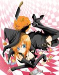  arm_warmers black_legwear blue_eyes blush breasts candy checkered chocolate cleavage dress food gloves halloween hat hatchet hibiki_mio higurashi_no_naku_koro_ni jack-o'-lantern large_breasts lollipop lowres lying no_shoes nose_hatchet on_side orange_hair pumpkin ryuuguu_rena short_hair skull smile socks solo sweets swirl_lollipop thighhighs witch witch_hat 