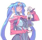  1girl bad_id bad_pixiv_id blonde_hair blue_hair bodysuit breasts cleavage giantess glasses grey_bodysuit headband klan_klein large_breasts long_hair macross macross_frontier meisamu meltrandi mikhail_buran pilot_suit pink_bodysuit school_uniform very_long_hair zentradi 