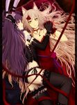  alternate_costume animal_ears blonde_hair bunny_ears detached_sleeves dress gothic highres holding_hands illusionk inubashiri_momiji long_hair lying multiple_girls on_back on_side panties profile purple_hair red_eyes reisen_udongein_inaba side-tie_panties tail thighhighs touhou underwear wolf_ears yellow_eyes yuri 