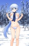  1girl aposine bare_tree bikini blue_eyes blue_hair breasts breath day forest highres light_blue_hair long_hair looking_at_viewer low-tied_long_hair medium_breasts nature navel original outdoors pine_tree scarf smile snow solo standing swimsuit tree very_long_hair w_arms white_bikini winter 