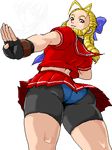  ass bike_shorts drill_hair forehead from_below hair_pulled_back isu kanzuki_karin kasugano_sakura lowres multiple_girls panties panties_over_bike_shorts red_sailor_collar red_skirt sailor_collar shorts shorts_under_skirt skirt street_fighter underwear upskirt when_you_see_it 