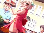  blonde_hair brown_eyes china_dress chinese_clothes dress food glasses misaki_tokiwa no_panties noodles open_mouth pia_carrot_(series) pia_carrot_e_youkoso!! ramen solo_focus thighhighs waitress wind wind_lift 