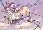  armor armored_dress ass boots breasts chain crown dual_persona earrings gauntlets gradriel highres jewelry knee_boots large_breasts multiple_girls princess_crown purple purple_background purple_eyes purple_hair revealing_clothes small_breasts torn_clothes uguisu_kagura white_bloomers 