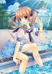  absurdres brown_hair copyright_request green_eyes hands highres school_uniform see-through shirt sitting soaking_feet solo twintails water wet wet_clothes wet_shirt wnb_mark 