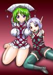  bare_legs bdsm blush bondage bound breasts choker crotch_rope duplicate embarrassed flat_chest fomarl green_hair green_legwear hat hunewearl large_breasts lavender_hair looking_at_viewer multiple_girls phantasy_star phantasy_star_online purple_eyes red_background red_eyes red_rope rei_(holyspirit) rope shibari shibari_over_clothes shorts sleeveless thighhighs torn_clothes white_background 