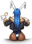  animal_ears aozoraichi ass back bare_shoulders blue_hair bunny_ears bunny_girl bunny_tail bunnysuit clenched_hands copyright_request from_behind jacket long_hair pantyhose sitting sleeves_rolled_up solo tail wrist_cuffs 