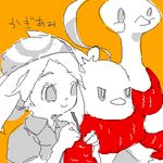  altaria bandana combusken gen_3_pokemon haruka_(pokemon) kan_san knitting_needle lowres monochrome needle oekaki orange_background pokemon pokemon_(creature) pokemon_(game) pokemon_rse scarf short_hair spot_color 