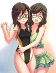  ^_^ blush breasts closed_eyes competition_swimsuit covered_nipples e20 glasses green_eyes houzumi_kaede houzumi_satsuki hug large_breasts midriff multiple_girls one-piece_swimsuit original siblings sisters small_breasts smile swimsuit 