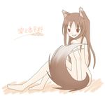  animal_ears brown_hair holo long_hair nude red_eyes sakuramori_sumomo solo spice_and_wolf tail wolf_ears 