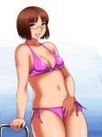  bikini breasts brown_eyes brown_hair cleavage copyright_request curvy glasses legs lips matoyama medium_breasts short_hair side-tie_bikini smile solo swimsuit 