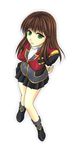  arms_behind_back bad_id bad_pixiv_id breasts brown_hair from_above green_eyes large_breasts legs setsuko_ohara shiwa_(utaha) skirt solo super_robot_wars super_robot_wars_z thighs uniform 